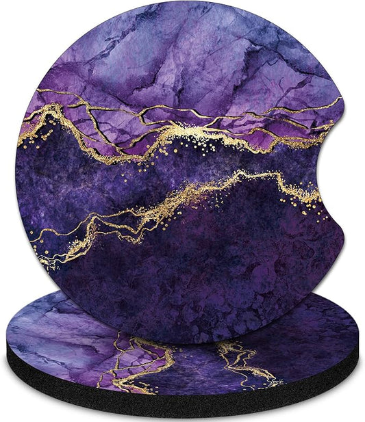 2 Pack Car Coasters，2.75-inch Neoprene Non-Slip Cup Holder Coasters for Car，Cute Car Interior Accessories for Men and Women，Purple Marble