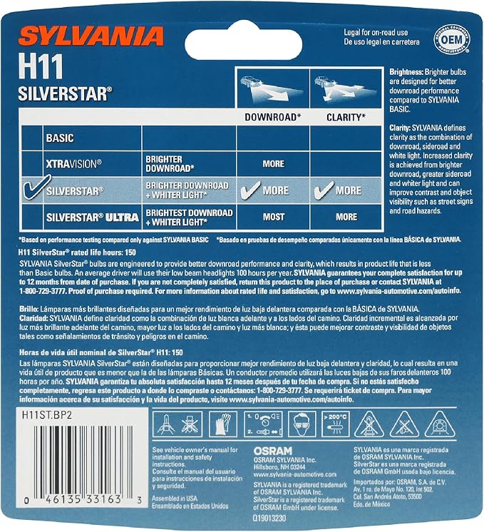 SYLVANIA - H11 SilverStar - High Performance Halogen Headlight Bulb, High Beam, Low Beam and Fog Replacement Bulb, Brighter Down Road with Whiter Light (Contains 2 Bulbs)