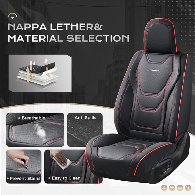 Coverado Car Seat Covers Front Seats, 2 Piece Car Seat Protector Waterproof Leather Seat Cushion Universal Fit for Truck Automotive Vehicles Black&Red