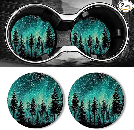 WOCOCN Car Coasters for Cup Holders - 2 Pack 2.75" Universal Rubber Car Cup Coaster, Non-Slip Waterproof Car Interior Accessories, Cute Car Decor Gifts for Women and Men (Forest)