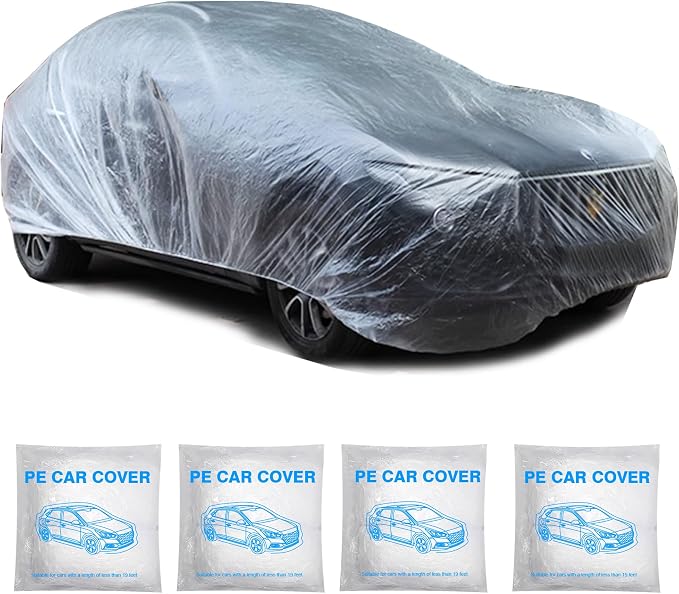 4 Pack Universal Disposable Car Covers - Waterproof Plastic Car Cover for Automobiles - Universal Vehicle Cover with Elastic Band for Sedan Outdoor Snow Rain Weather, (Size L 4Pack)