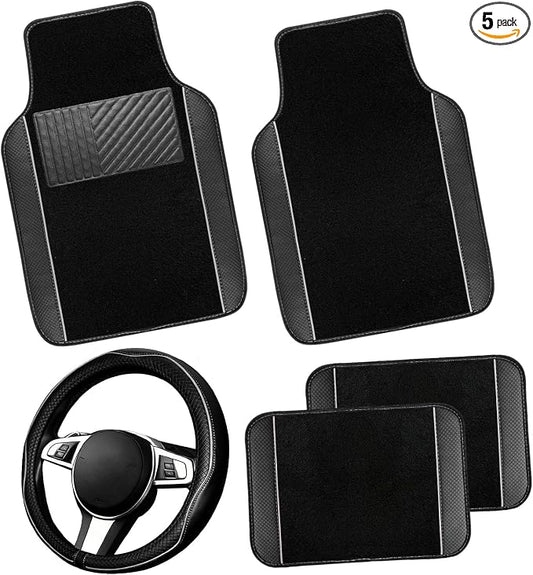 NBTEPEM Microfiber Steering Wheel Cover and Waterproof Car Floor Mats, Universal Fit Most Truck, SUV, Cars, 14.5-15inch Sporty Steering Wheel Covers with Anti-Slip Lining (Black with Grey line)