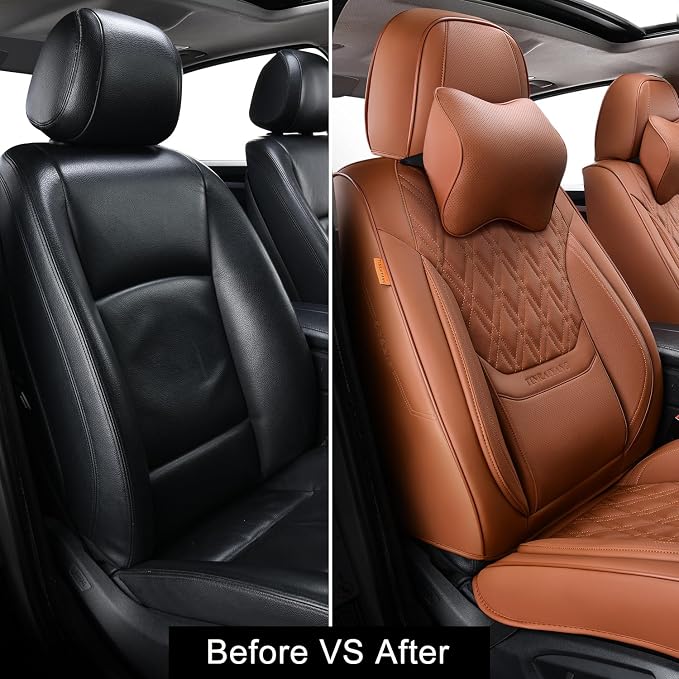 Car Seat Covers Front Pair, Breathable Leather Automotive Front Seat Covers with Headrest, Universal Automotive Vehicle Seat Cover for Most Sedan SUV Pick-up Trucks, Brown
