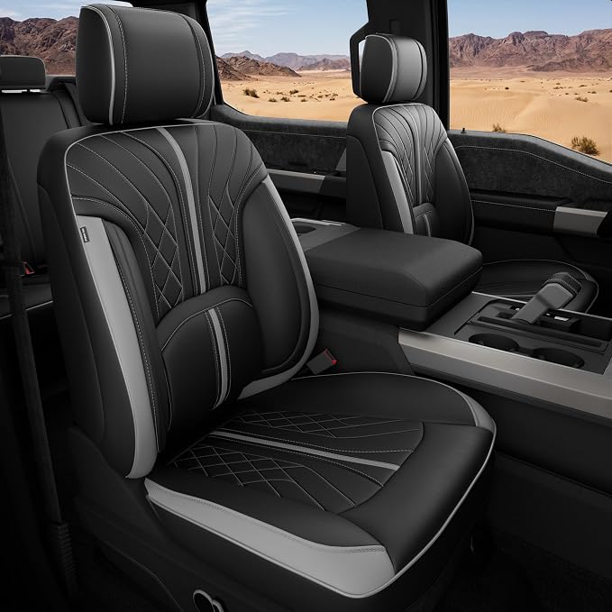 FREESOO Leather Seat Covers for Ford F150 SuperCrew/Crew Cab 2015-2026 | Fits F250/F350/F450 Super Duty 2017-2026, Custom Fit, Waterproof, Bucket Seat, Airbag Compatible, Lumbar Support, Easy-clean