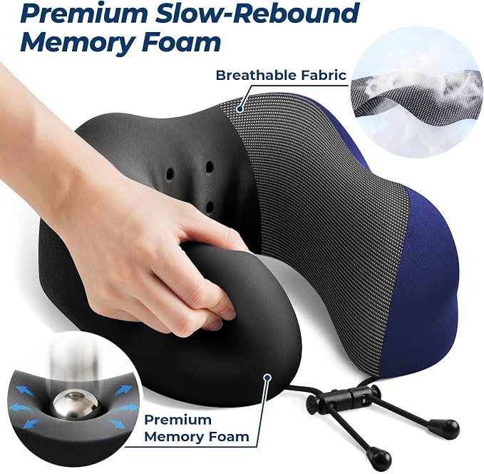 ExploreBliss Travel Pillow, Travel Pillows for Sleeping Airplane, Neck Pillow Airplane, Memory Foam Neck Pillow Set with Eye Mask, Earplugs and Storage Bag -Blue