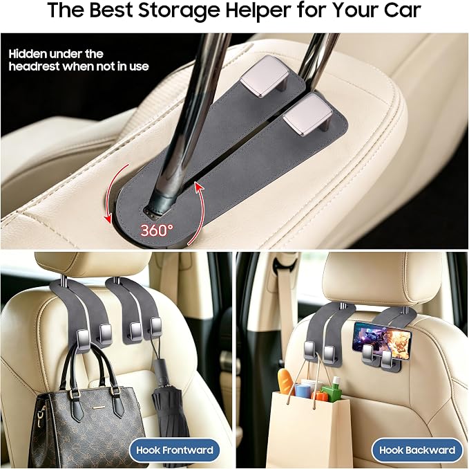 Amooca Car Headrest Hooks, Premium Suede with Metal Car Seat Back Storage Hooks for Handbag Coats Umbrella Backpack - 2 Pack, Gray