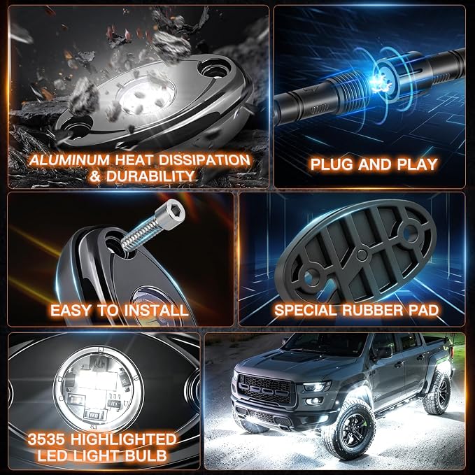 White Rock Lights,LEDMIRCY R1 LED Pure White Rock Lights 16PCS with Rocker Switch Wire Harness Kit Super Brigh Luces para Carro for Trucks ATV UTV Off Road Boat High Power Light Waterproof Shockproof