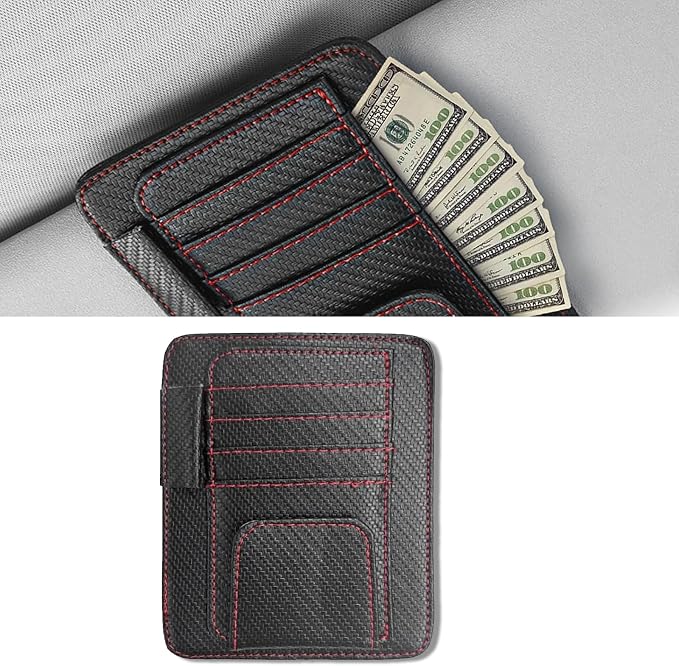 Car Sun Visor Organizer, Multifunctional Auto Visor Document Holder with Sunglasses Clip, Universal Car Interior Accessories Organizer for Drving License, Card, Pen (Carbon Fiber Black&Red)