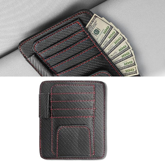 Car Sun Visor Organizer, Multifunctional Auto Visor Document Holder with Sunglasses Clip, Universal Car Interior Accessories Organizer for Drving License, Card, Pen (Carbon Fiber Black&Red)