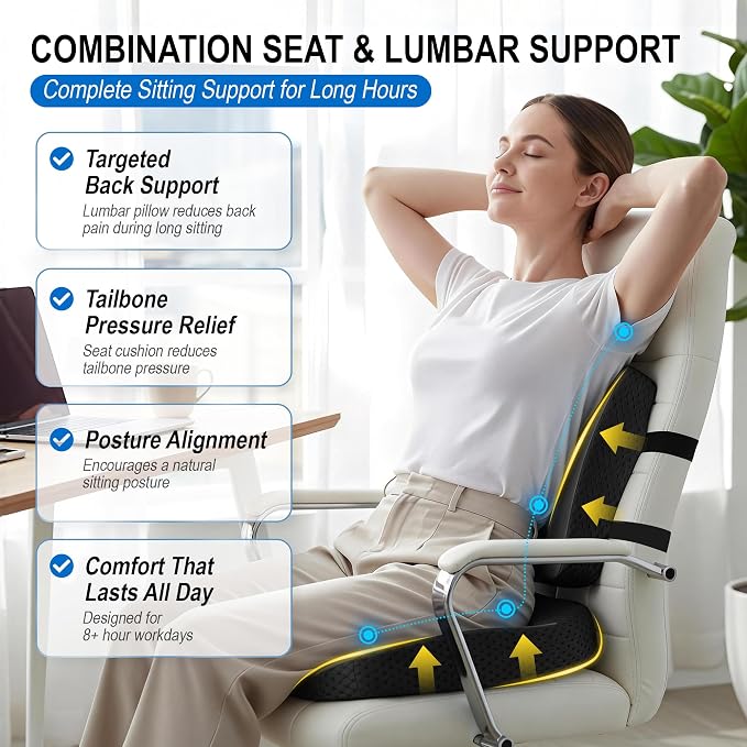 Lofty Aim Car Seat Cushion with Back Support, Lumbar Support Pillow Set | Memory Foam Car Seat Cushions for Driving, Office Chair Cushions for Back and Butt, Support for Trucks, Office Chairs, Black