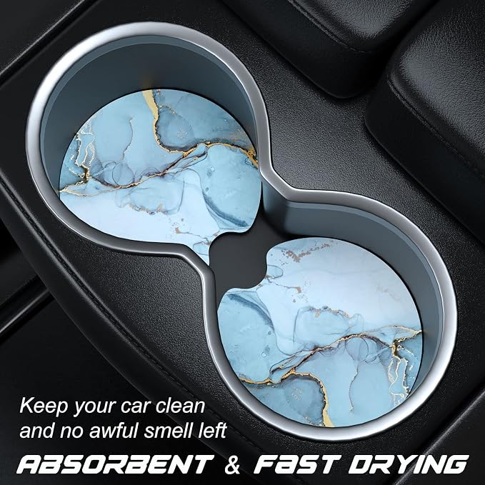 Aiawoxc Car Cup Holder Coasters, 2 Pack Universal Auto Anti Slip Insert Coaster with A Finger Notch, Cute Car Assecories for Women Men, Cup Mat for Most Interior, Ink Blue Marble