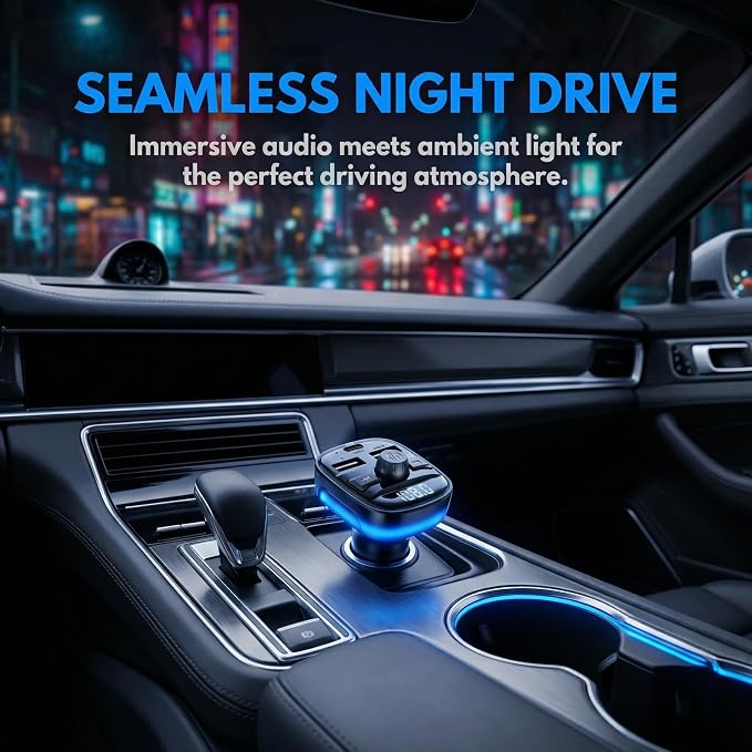 Bluetooth 5.3 Car Adapter Charger, Wireless FM Bluetooth Transmitter | Fast Charge Wireless Radio FM Transmitter with Deep Bass Player, LED Backlit, Hands-Free Calling,Support MP3 Player USB Drive