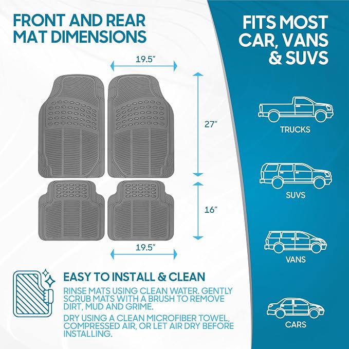 BDK ProLiner Floor Mats for Cars Trucks SUV, 4-Piece All-Weather Car Mats with Universal Fit Design, Durable Car Floor Mats with Capture Ridges, Waterproof Rubber Floor Mats for Cars (Gray)