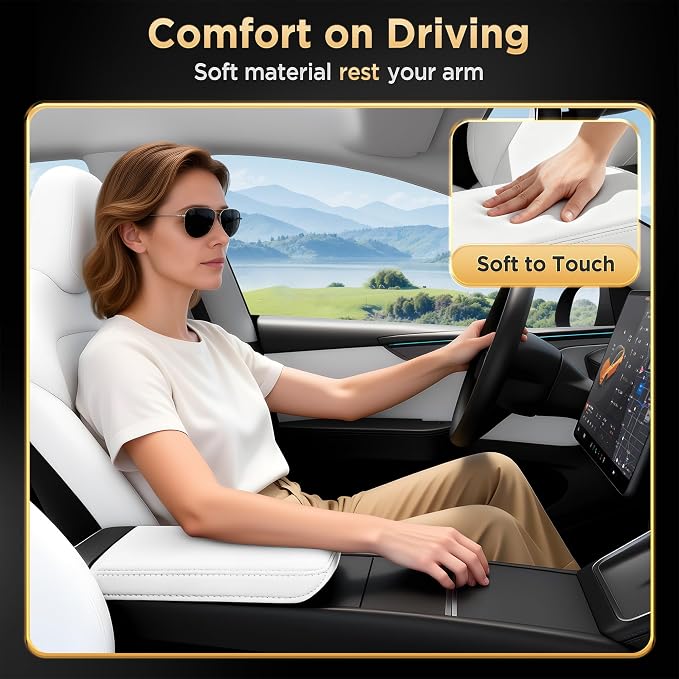 for Tesla Model Y Juniper(2025-2026) & Model 3(2024-2026) Leather Center Console Cover [Soft Touch & Match Seat Color] Armrest Cover for Tesla Model 3 & Model Y Juniper Accessories White