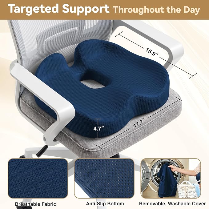 TushGuard Ergonomic Seat Cushion with Coccyx Cutout - 4-Zone Structure Office Chair Cushions for Tailbone Pressure Relief, Non-Slip Chair Pad with Washable Cover for Car, Office, Wheelchair, Blue