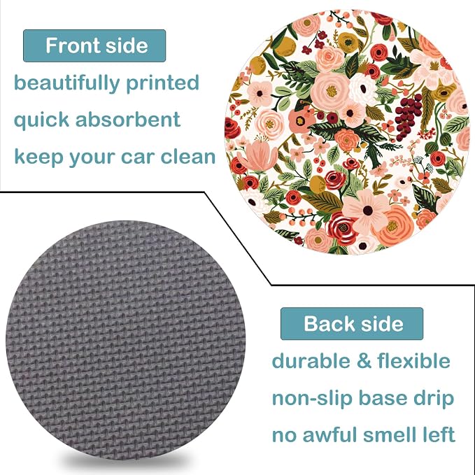 Car Cup Holder Coasters, 2 Pack – 2.75" Universal Auto Anti-Slip Insert Coaster, Rubber Car Coasters, Personalized Car Accessories for Women (Burgundy Flowers)