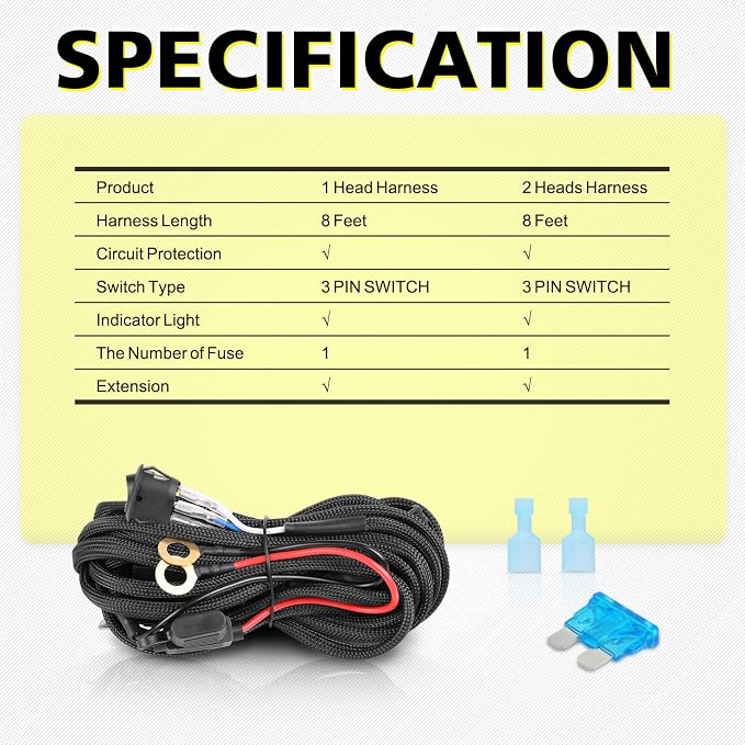 AKD LED Light Bar Wiring Harness Kit - 12V 40A Relay Fuse Rock Switch for Offroad Driving Lights - Nylon Harness for Truck Pickup ATV UTV SUV Boat