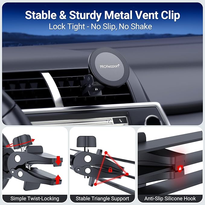 PROfezzion 2-Pack Magnetic Car Vent Mount Holder Compatible with MagSafe | Stable Vent Clip, Powerful Magnets Compatible with MagSafe for iPhone 17 16 15 14 13 12 Pro Max Plus Air & All Phones
