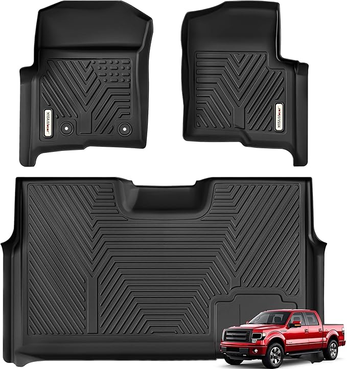 YITAMOTOR Floor Mats Fit for 2010-2014 Ford F150 SuperCrew/Crew Cab with Bucket Seat (Fit Lariat), TPE All-Weather Custom Fit Floor Liners W/Flow-Through Console, 1st&2nd Row Mats W/O Manual Shifter