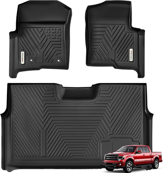 YITAMOTOR Floor Mats Fit for 2010-2014 Ford F150 SuperCrew/Crew Cab with Bucket Seat (Fit Lariat), TPE All-Weather Custom Fit Floor Liners W/Flow-Through Console, 1st&2nd Row Mats W/O Manual Shifter
