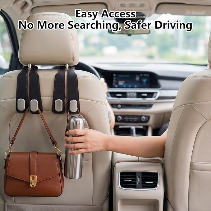 Car Seat Headrest Hooks for Purses & Shopping Bags, 2 Pack Suede Car Purse Hook, Double Hooks Secure Bags While Driving, Elegant & Durable, Simple to Install, Fits Handbags, Grocery Bags, Bottles.