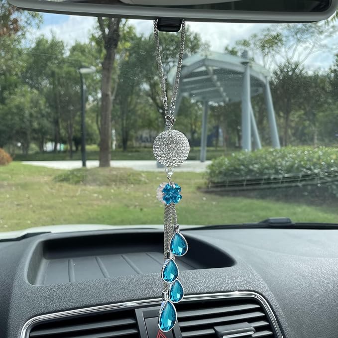 Bling Car Accessories for Women and Man,Cute Car Decor for Women,Lucky Crystal Sun Catcher Ornament,Rear View Mirror Crystal Ball Charm Decor (30 mm Clear)(Light Blue)