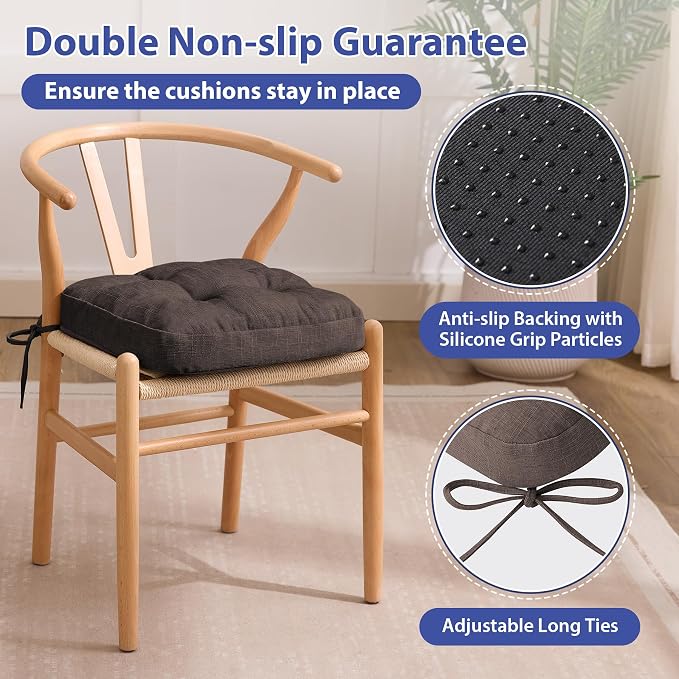 IASEAHK Chair Cushions for Dining Chairs, Dining Chair Cushions, Tufted Indoor Chair Pads with Ties & Non Slip Backing, Seat Cushions for Kitchen Chairs 16.5” x 16.5” x 3.5”, Set of 2, Brown