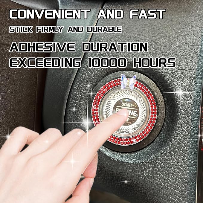 Bling Car Push Start Button Accessories for Women, Sparkling Butterfly Rhinestone Car Engine Push to Start Button Cover Decoration Ring Emblem, Car Interior Decoration Accessories (Red)