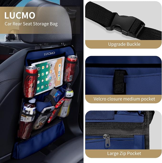 LUCMO Car Backseat Organizer with Touch Screen Tablet Holder,Dark Blue | 2 Pcs,9 Storage Pockets,Clear Tablet Holder,Protectors Kick Mats,Travel Accessories,Seat Cover,Road Trip Essentials
