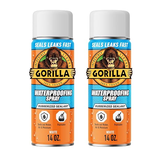 Gorilla Waterproofing Spray White, Flexible Rubberized Sealant Coating, Paintable UV Resistant, Seals Water Air Moisture, 16 oz (Pack of 2), for Roofs Gutters Skylights RVs Windows & More