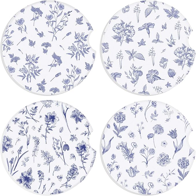 Boao 4 Pcs Vintage Blue Flower Car Cupholder Coasters for Valentine's Day, Ceramic Coasters 2.56'' Anti Slip Base with Finger Notch for Dry Clean, Car Interior Accessories, Birthday Gifts
