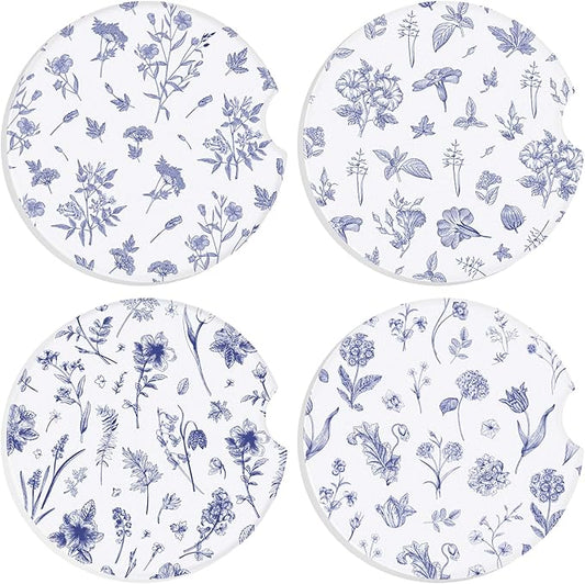 Boao 4 Pcs Vintage Blue Flower Car Cupholder Coasters for Valentine's Day, Ceramic Coasters 2.56'' Anti Slip Base with Finger Notch for Dry Clean, Car Interior Accessories, Birthday Gifts