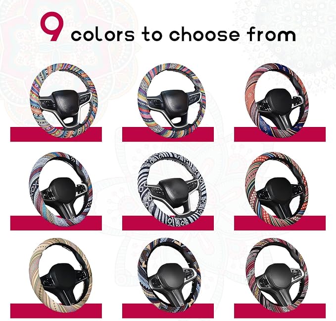 Boho Steering Wheel Cover, Anti-Slip Coarse Flax Cloth Ethnic Style Auto Wheel Cover, Breathable Boho Auto Steering Wheel Protector for Women Men, Car Accessories (Style G)