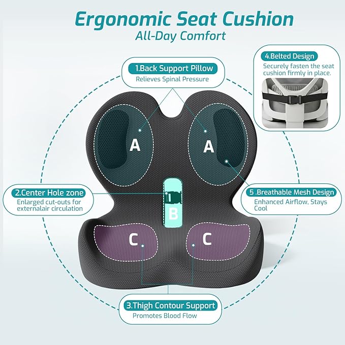 Trucker Seat Cushion, Thick Car Seat Cushions with Lumbar Support Pillow, Ergonomic L-Shaped Orthopedic Memory Foam for Long Driving Lower Back Pain Sciatica Relief, Gift for Drivers (Black+ Gray)