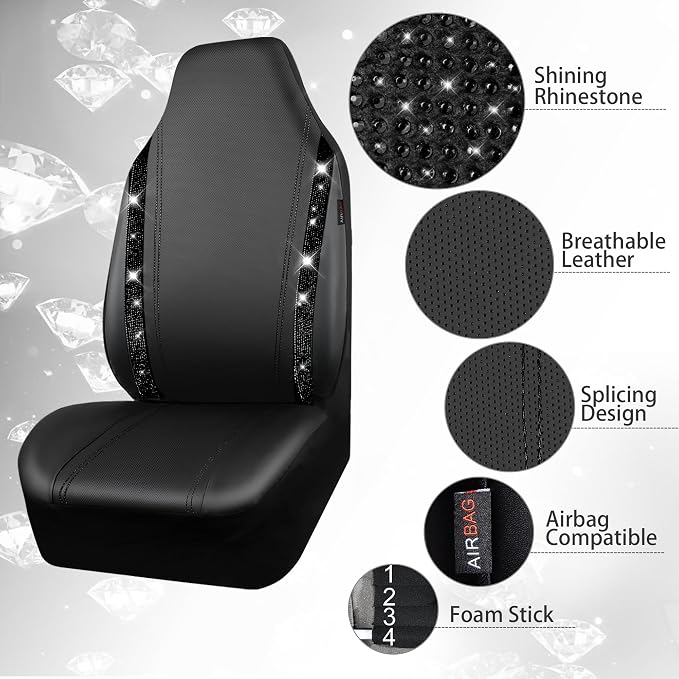 CAR PASS Leather Car Seat Covers High Back Bucket Bling Diamond Front Seats, Waterproof Universal Shining Glitter Crystal Sparkle Fit Model 3 Tesla Model Y, Truck SUV Cute Women Girl, Black Rhinestone
