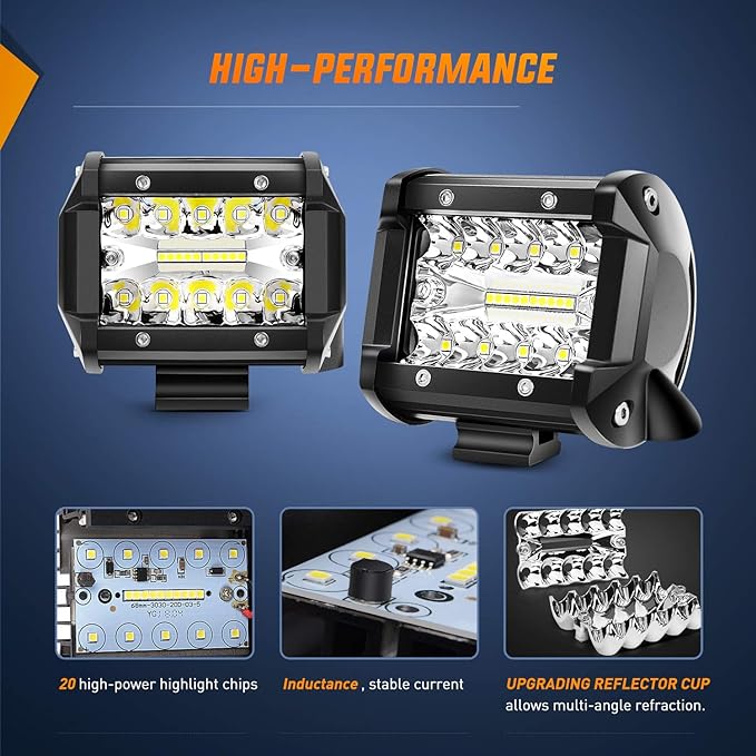 Nilight LED Light Bar 2PCS 60W 4 Inch Flood Spot Combo LED Work Light Pods Triple Row Work Driving Lamp with 12 ft Wiring Harness kit - 2 Leads