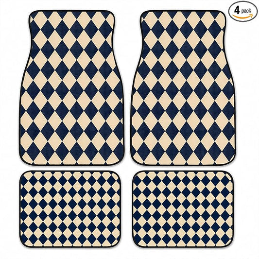 Diamond Car Floor Mats Set of 4 Navy Cream Geometric Car Accessories Foot Mats Rugs, Non-Slip,Decor for Universal Fit for Suvs Sedans Trucks Cars Auto Floor Carpets Rugs All-Weather