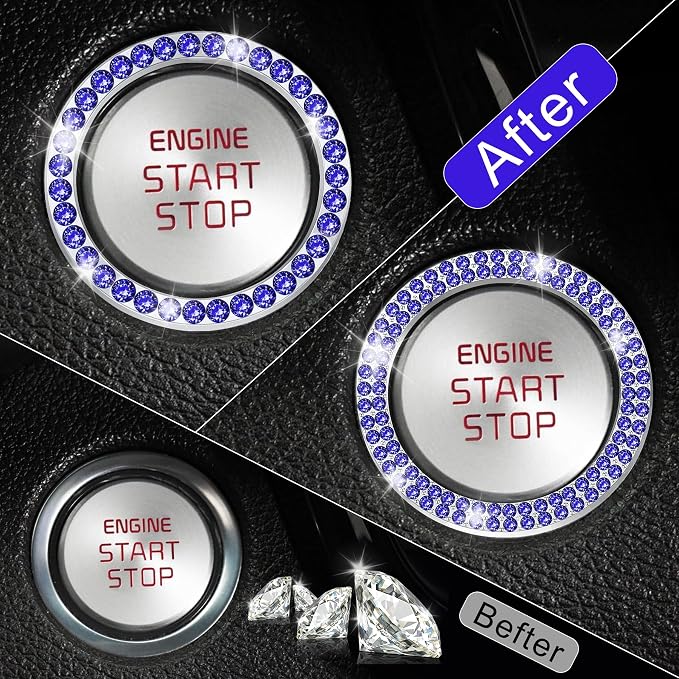 LivTee 2 PCS Crystal Combinatorial Rhinestone Car Engine Start Decoration Ring, Push to Start Button Cover Sticker, Bling Car Interior Accessories for Women, Automotive Decals, Dark Blue