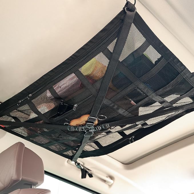 Universal Car Ceiling Cargo Net Pocket(25x34x44Inch)-Overhead Storage Organizer for SUV, Truck, Camping & Road Trips - Durable Mesh Interior Accessories for Travel Gear