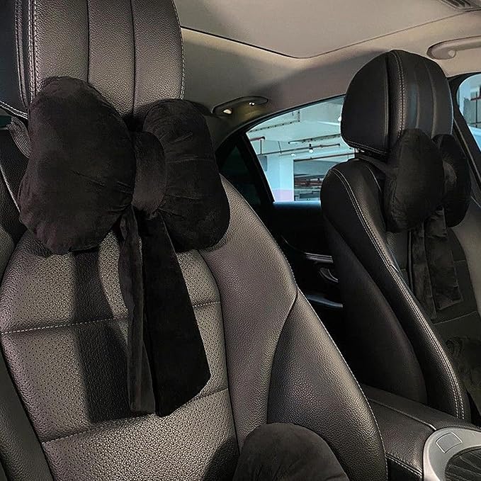 Car Neck Pillow 2PCS Plush Bowknot Car Headrest Pillow – Comfortable Neck Support for Driving Soft Touch Fabric Car Pillow Cute Interior Decor (Black Set 4 Pcs)