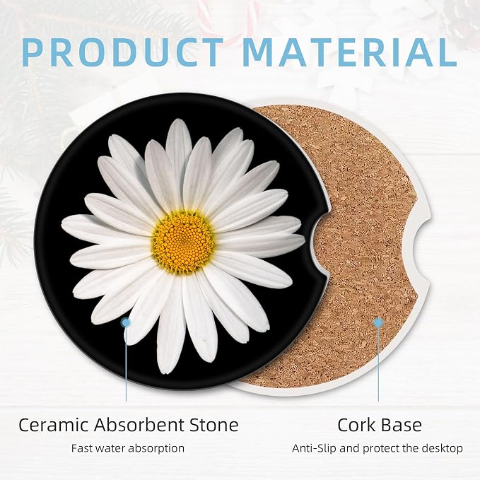 2 Pack Car Coasters for Cup Holders, 2.56" Universal Absorbent Ceramic Stone Car Cup Holder Coasters with Non-Slip Cork Base, Car Interior Accessories for Women Men(Black White Daisy)