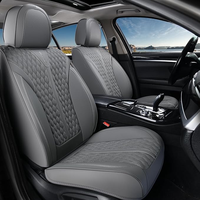 Coverado Leather Seat Covers, Car Seat Covers Full Set, Waterproof Seat Covers 5 Seats, Front and Back Car Seat Protector, Gray Car Seat Cover Universal Fit for Most Cars Suvs Trucks