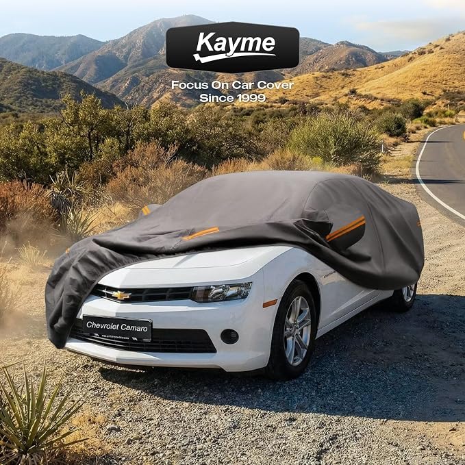 Kayme Heavy Duty Car Cover Custom Fit Chevrolet Camaro 2009-2026, Waterproof All Weather Outdoor Full Protection, Sun Rain UV Resistant with Zipper Door and Windproof Straps.