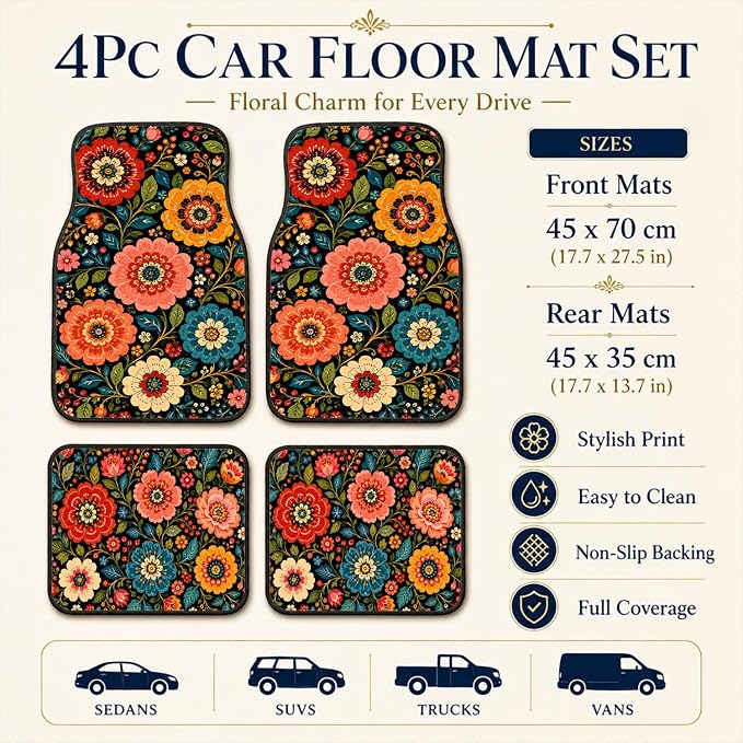 Folk Flower Car Floor Mats Set of 4 Black Botanical Garden Art Car Accessories Foot Mats Rugs, Non-Slip,Decor for Universal Fit for Suvs Sedans Trucks Cars Auto Floor Carpets Rugs All-Weather