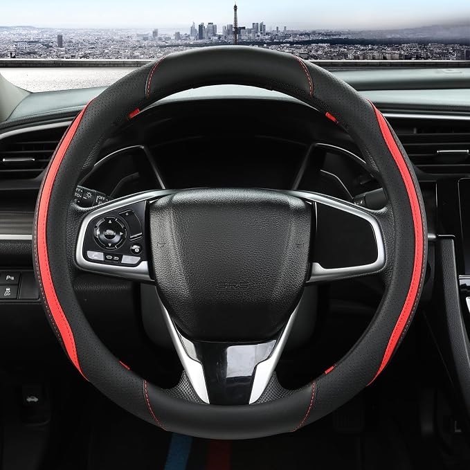 Car Steering Wheel Cover, Leather Steering Wheel Cover Red Universal 14.5-15 Inch Microfiber Leather Anti-Slip Breathable Auto Steering Wheel Covers for Men Women (Black&Red)