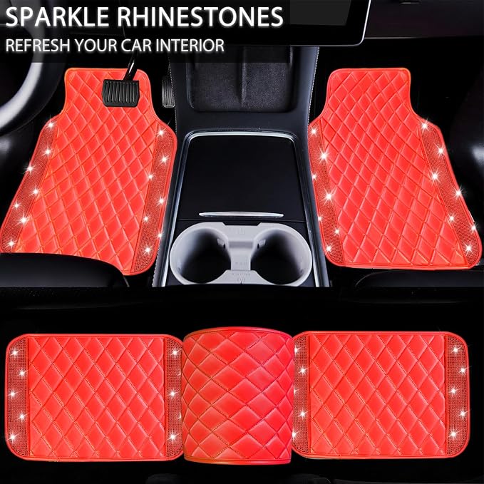 NBTEPEM Bling Leather Car Floor Mats Full Set, Sparkly Diamond Car Mats Universal Fit Most Automotive, Glitter Rhinestone Carpet Waterproof Anti-Slip (Red Leather Diamond)