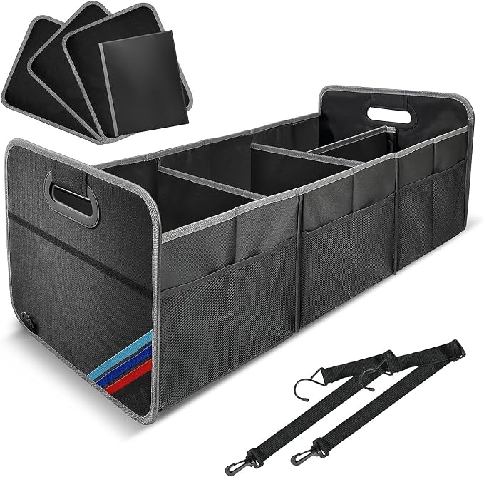 XL Car Trunk Organizer, 4 Compartments, 94L Capacity, Oxford Polyester 600D Material, Easy Fold and Store, Prevents Sliding | Rugged & waterproof large storage box. Features 94L capacity, 6 large mesh pockets & non-slip base for SUV, garage, camping