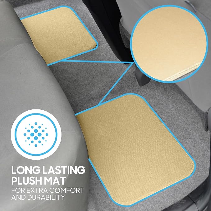 BDK Premium Light Beige Carpet Floor Mats for Cars - Universal Fit Interior 4-Piece Car Mats Full Set with Vinyl Heel Pad Protector - Cute Car Accessories Interior Floor Covers for SUVs & Trucks