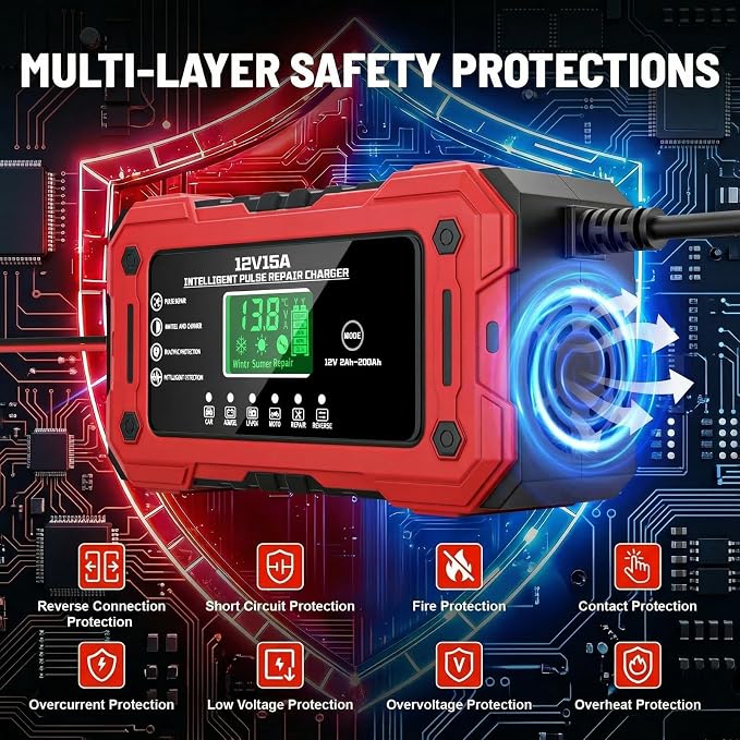 Battery Charger 15A 12V Fully Automatic Smart Trickle Car Battery Charger Maintainer with LCD Display & Temperature Compensation for Car Truck Motorcycle Lawn Mower Boat