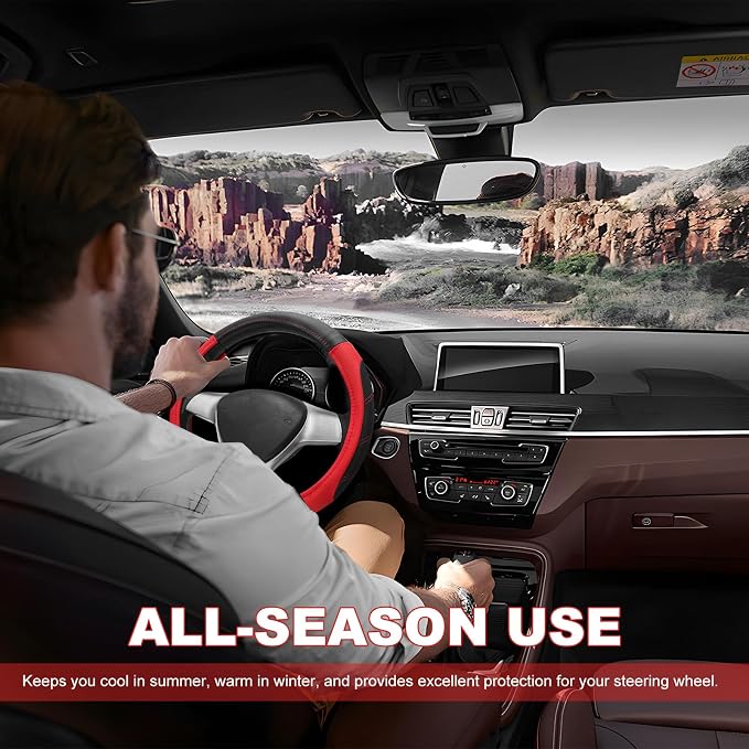 Sport Leather Steering Wheel Cover, 14.5-15 Inch Breathable Auto Steering Wheel Protector with Anti-Slip Lining, Soft Comfortable Leather Wheel Protector for Cars Trucks SUVs (Black & Red)